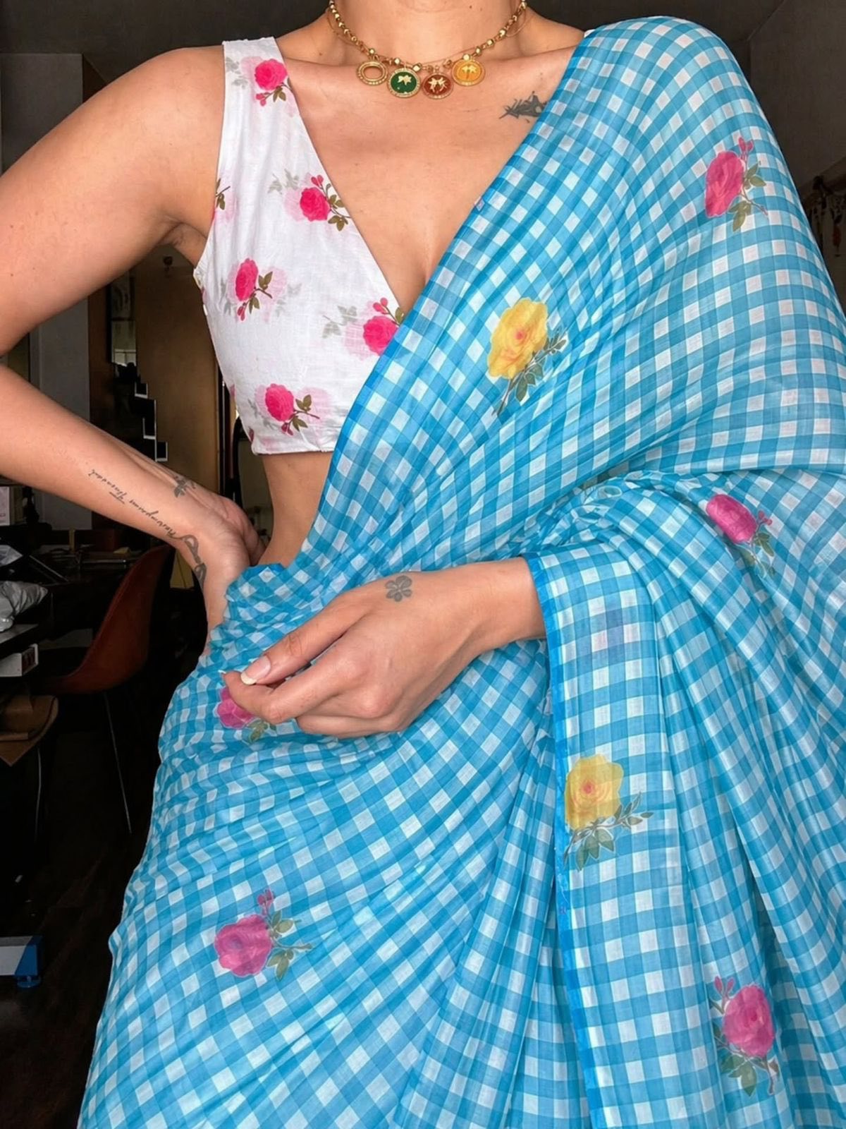 Blue Checkered Saree with Floral Embroidery and Blouse