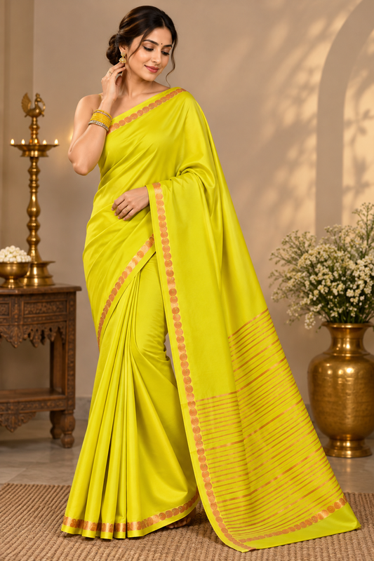 Vibrant Lime Yellow Soft Silk Saree with Gold Zari Woven Motif Border