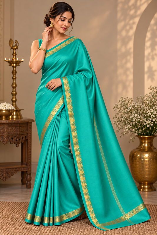 Vibrant Turquoise Green Soft Silk Saree with Gold Zari Motif Border