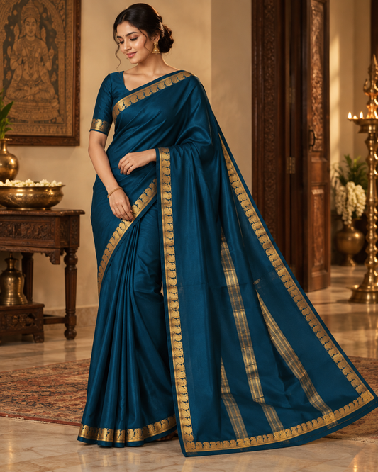 Deep Teal Blue Soft Silk Saree with Gold Zari Paisley Border
