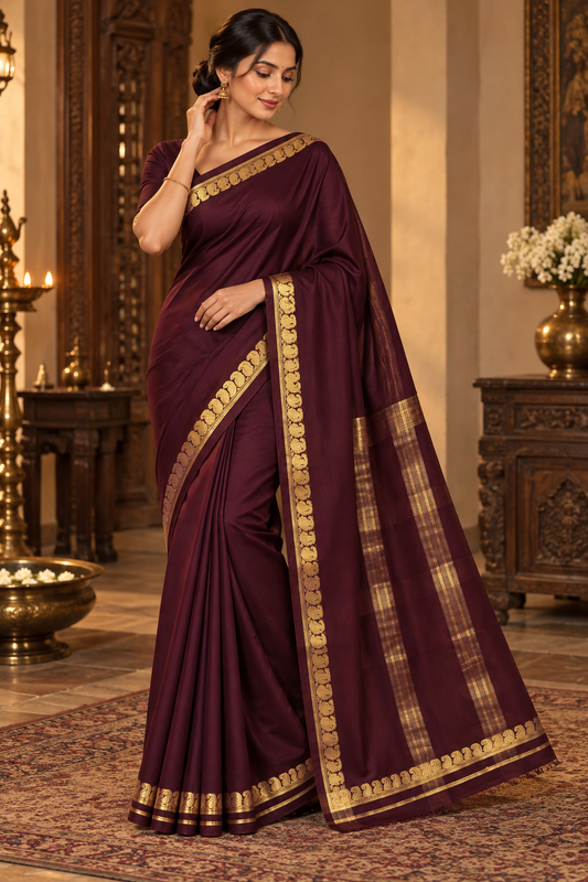 Deep Burgundy Wine Soft Silk Saree with Gold Zari Paisley Border