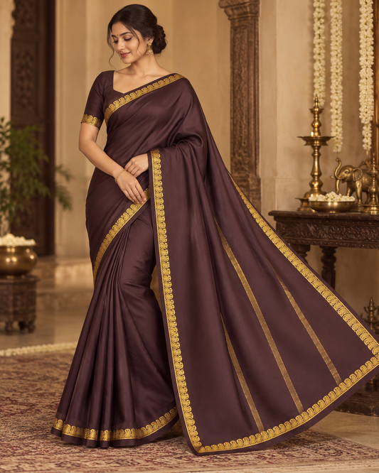 Deep Cocoa Brown Soft Silk Saree with Gold Zari Paisley Border