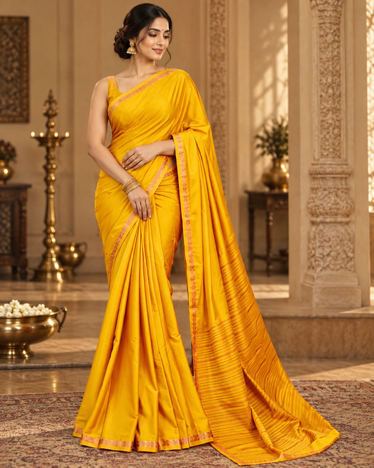 Golden Mustard Yellow Soft Silk Saree with Gold Zari Motif Border