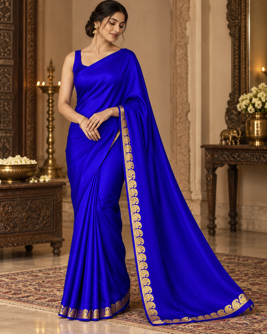 Vibrant Royal Blue Soft Silk Saree with Gold Zari Motif Border
