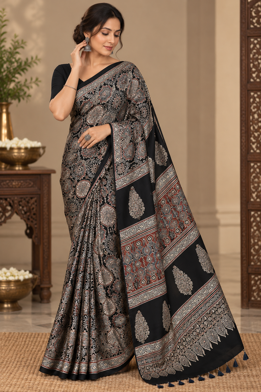 Black Ajrakh Model Silk Saree