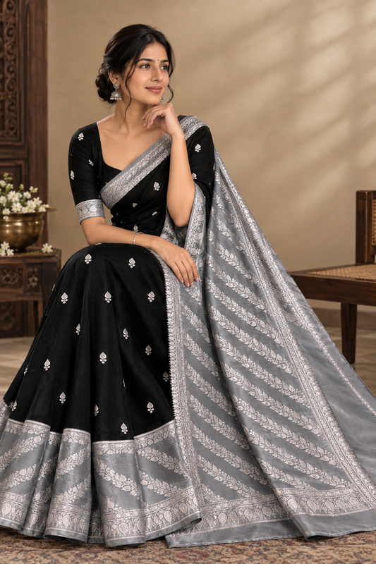 Black and Grey Jacquard Saree