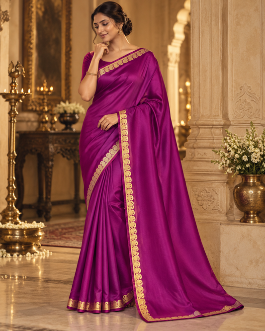 Magenta Purple Soft Silk Saree with Traditional Gold Zari Border