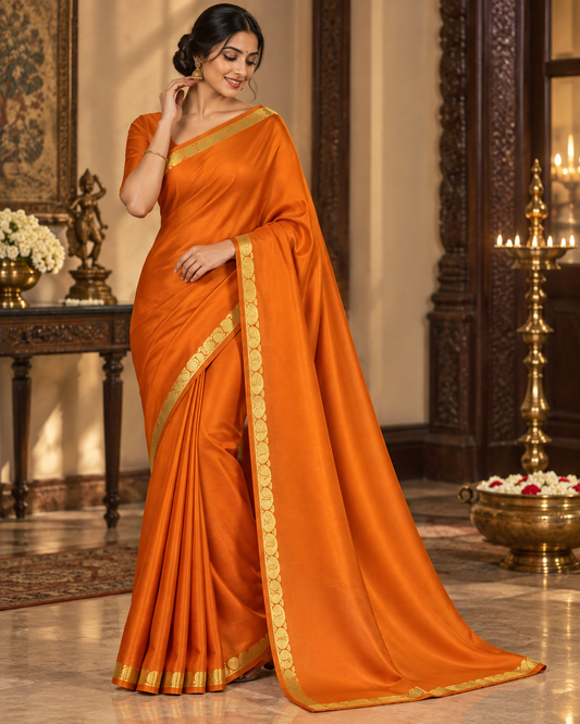 Burnt Orange Soft Silk Saree with Traditional Gold Zari Peacock Border
