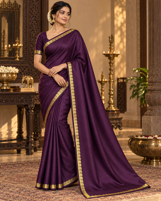 Deep Purple Soft Silk Saree with Gold Zari Paisley Border and Striped Pallu