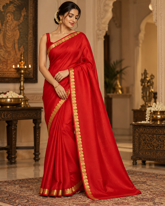 Classic Red Soft Silk Saree with Gold Zari Paisley Border