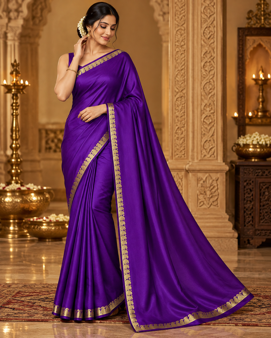 Royal Purple Soft Silk Saree with Traditional Gold Zari Motif Border