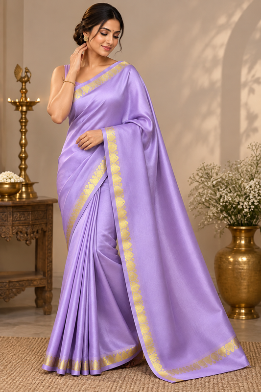 Pastel Lavender Soft Silk Saree with Gold Zari Motif Border