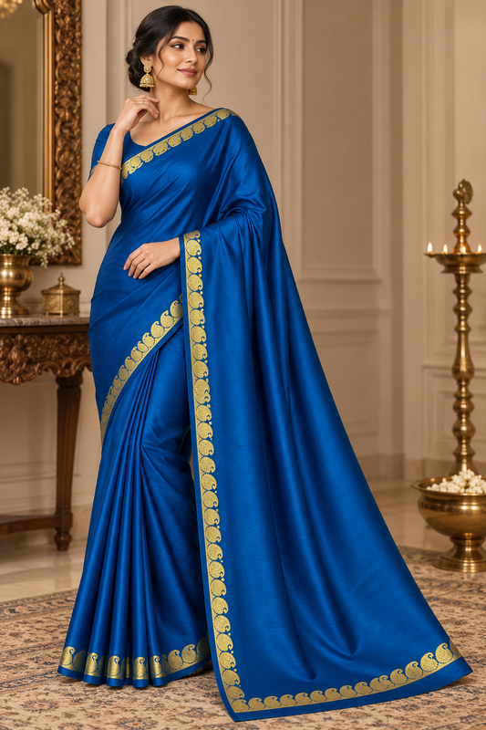 Deep Teal Blue Soft Silk Saree with Traditional Gold Zari Motif Border