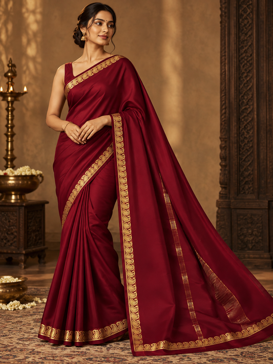 Rich Wine Maroon Soft Silk Saree with Gold Zari Paisley Border
