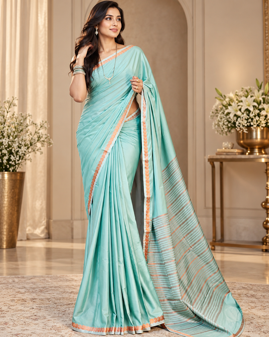 Aqua Blue Soft Silk Saree with Peach Gold Woven Motif Border