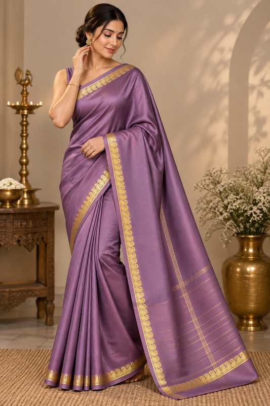 Mauve Purple Soft Silk Saree with Gold Zari Paisley Border