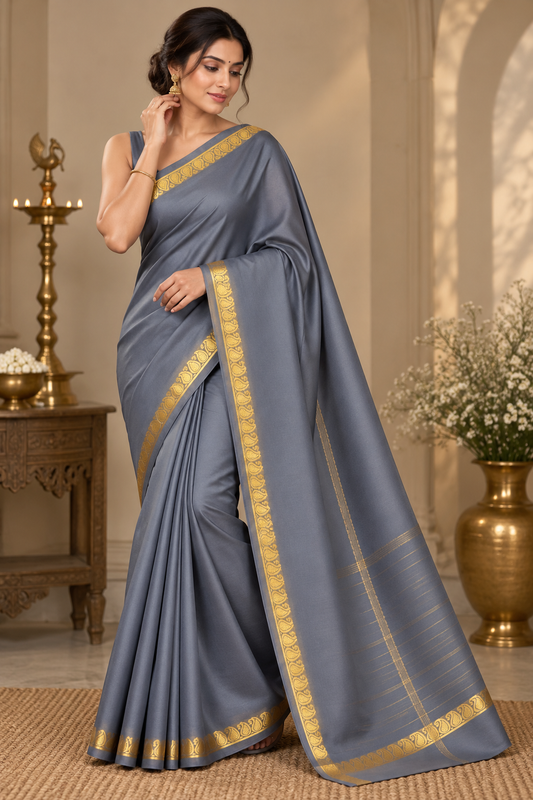 Steel Grey Soft Silk Saree with Gold Zari Paisley Motif Border