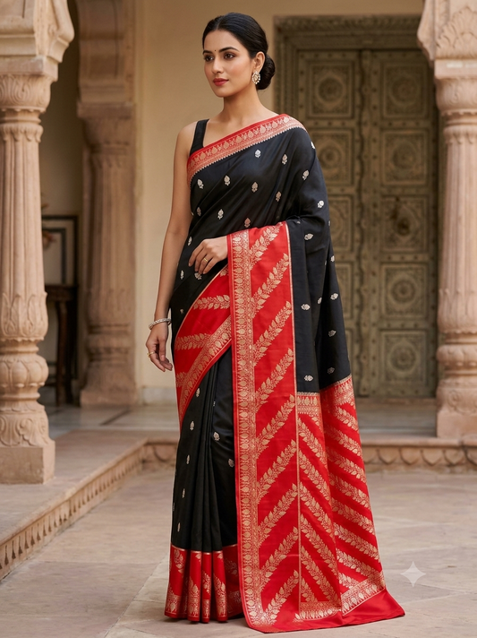 Black and Crimson Red Jacquard Saree