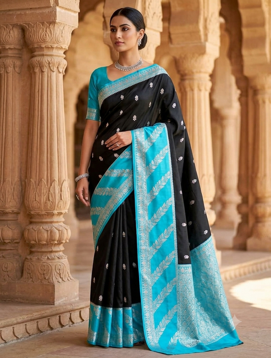 Black and Sky Blue Jacquard Saree