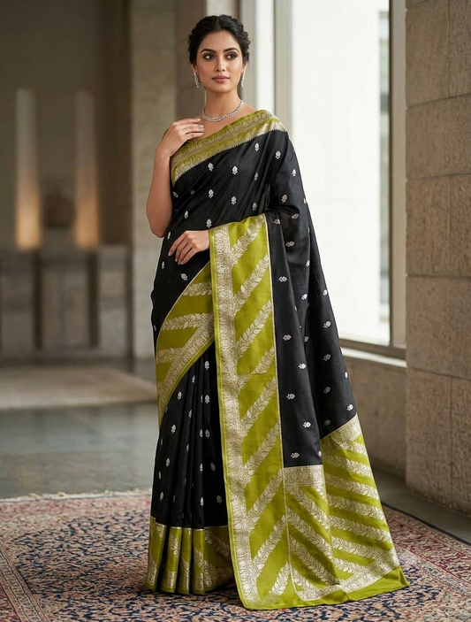 Black and Olive Green Jaquard Saree