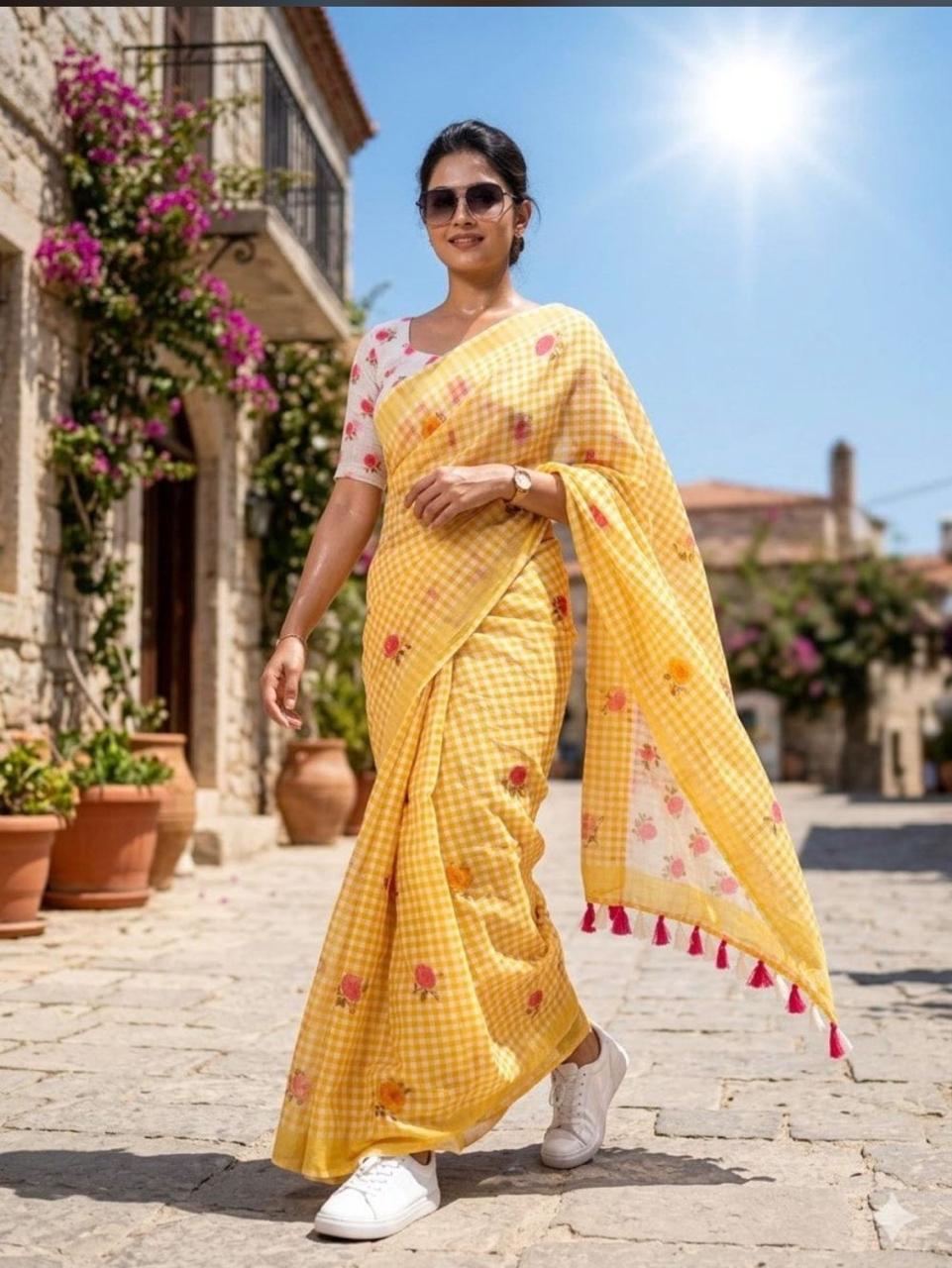 Yellow Checkered Saree with Floral Embroidery and Blouse