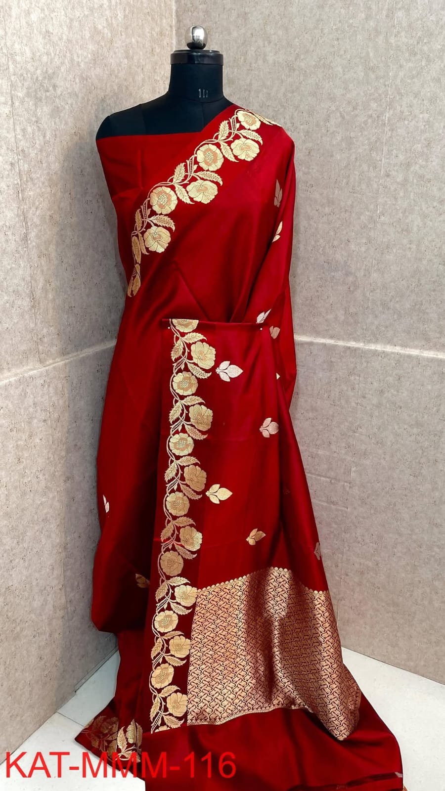 Crimson Red Silk Saree with Gold Zari Border