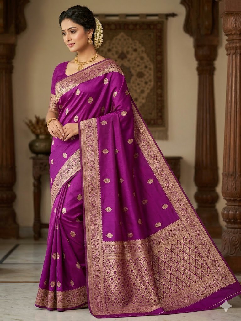 Purple Saree with Golden Peacock Motifs