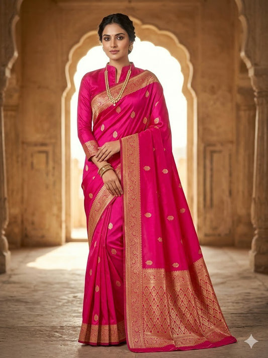Rani Pink Saree with Golden Woven Border