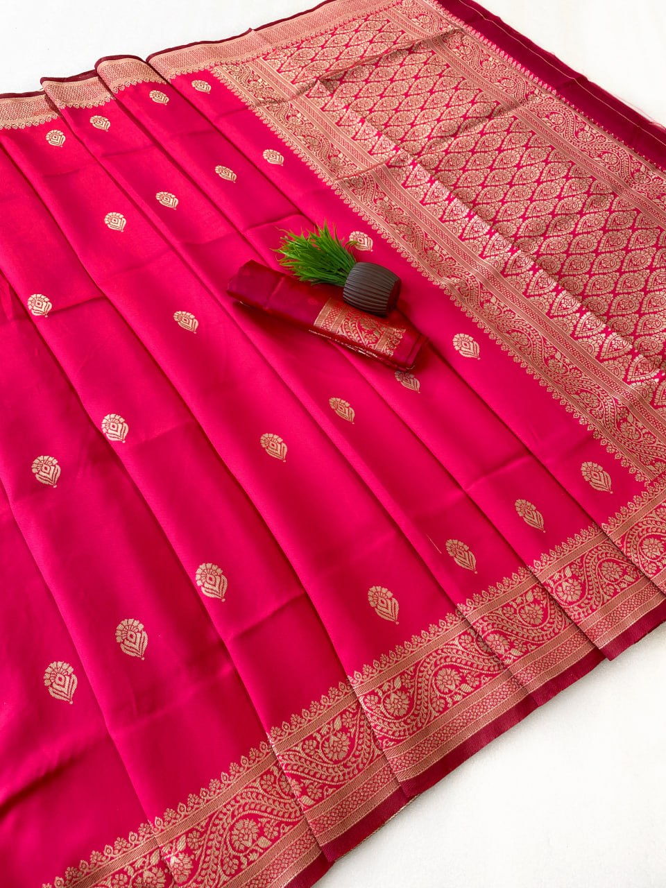 Rani Pink Saree with Golden Woven Border