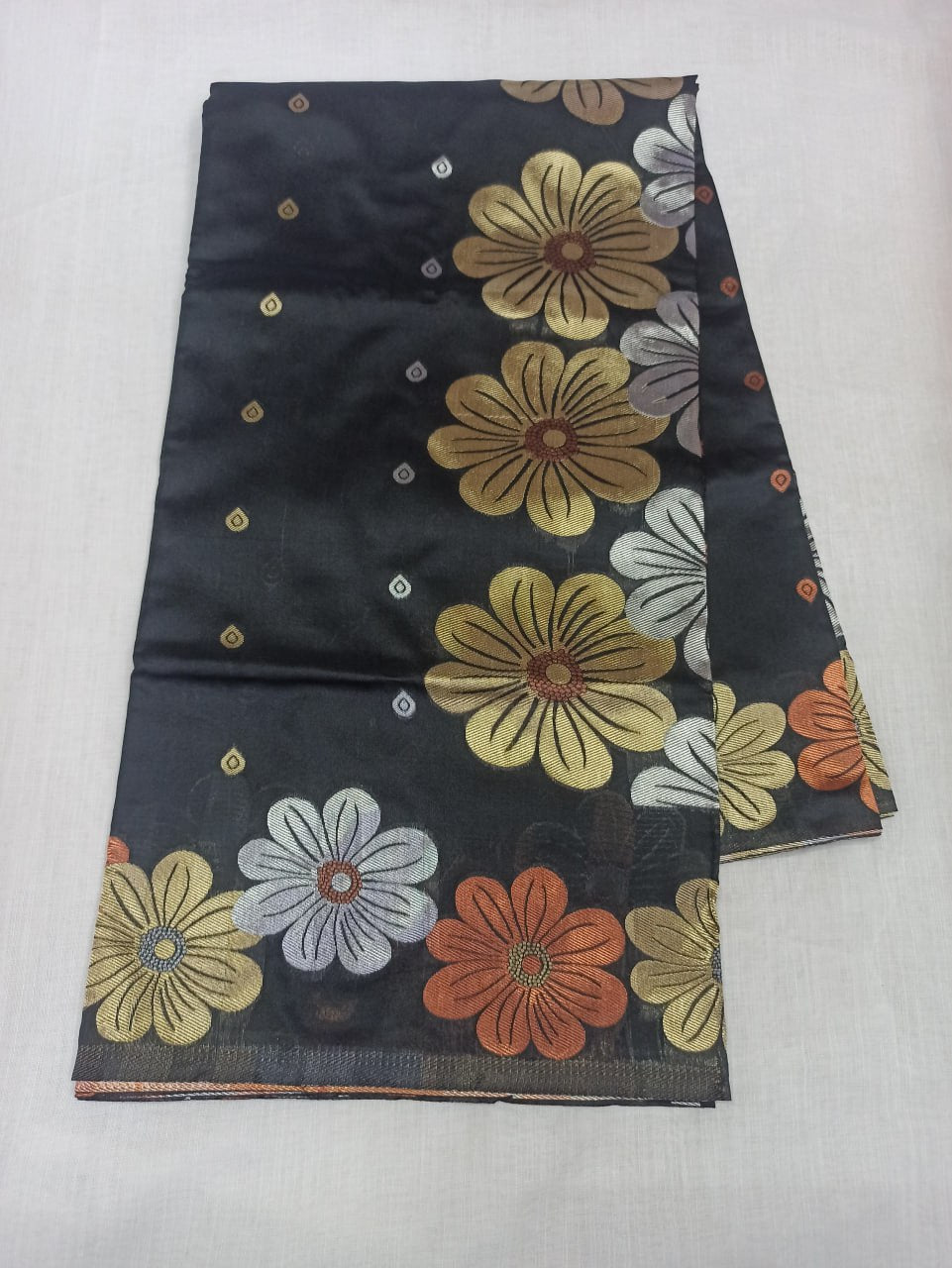 Black Floral Woven Saree with Multicolor Motifs