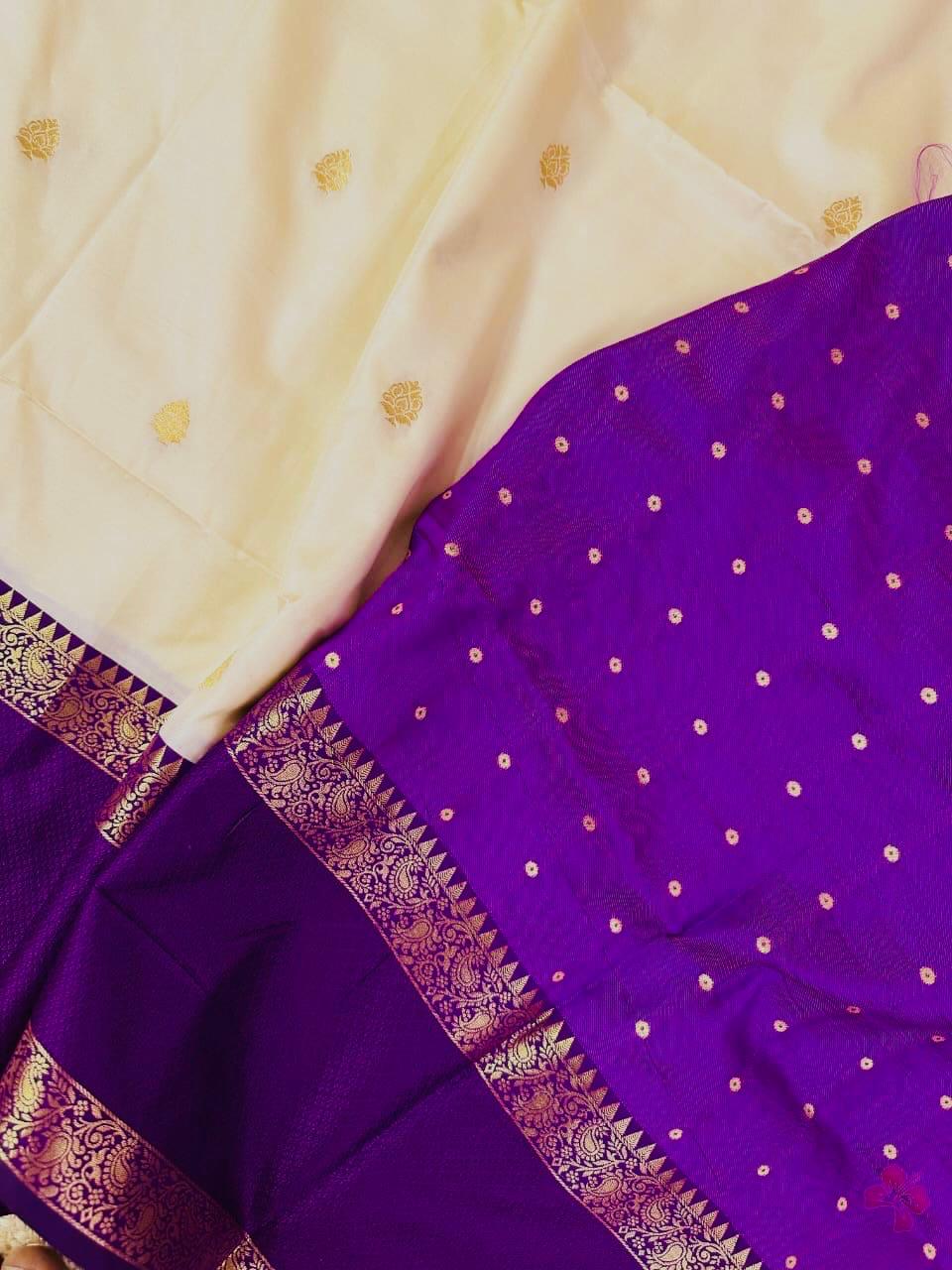 Royal Ivory and Purple Zari Border Traditional Saree