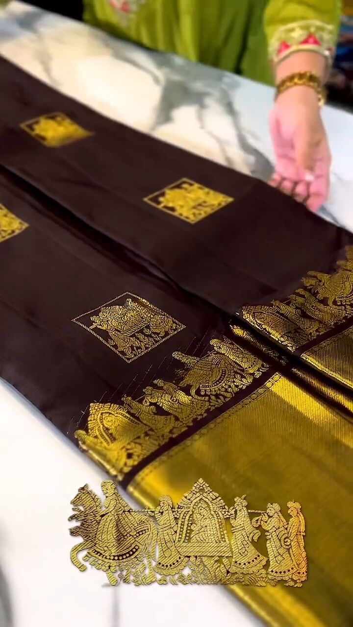Regal Chocolate Brown & Gold Woven Traditional Saree