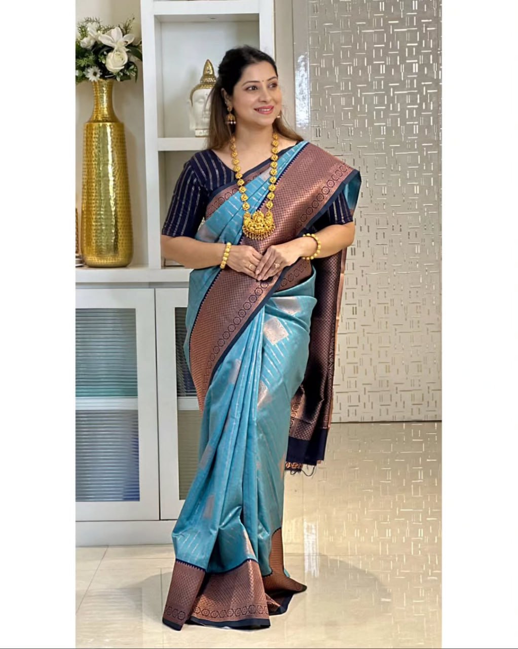 Sky Blue Silk Saree with Copper Zari Border