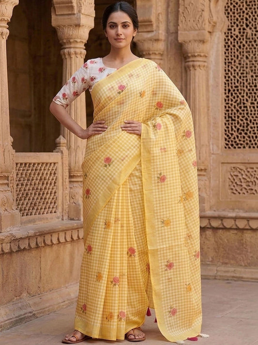 Yellow Checkered Saree with Floral Embroidery and Blouse