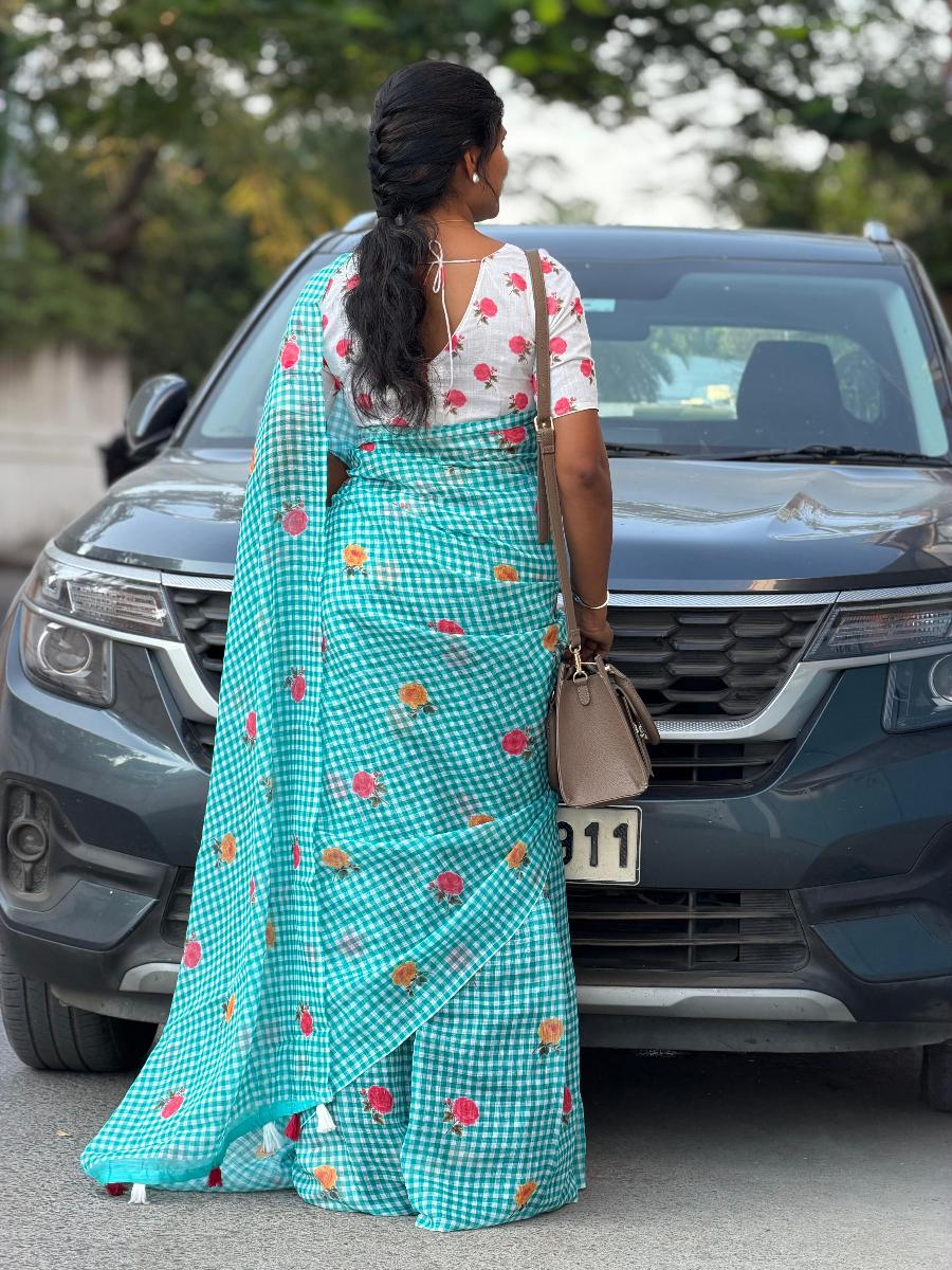 Blue Checkered Saree with Floral Embroidery and Blouse