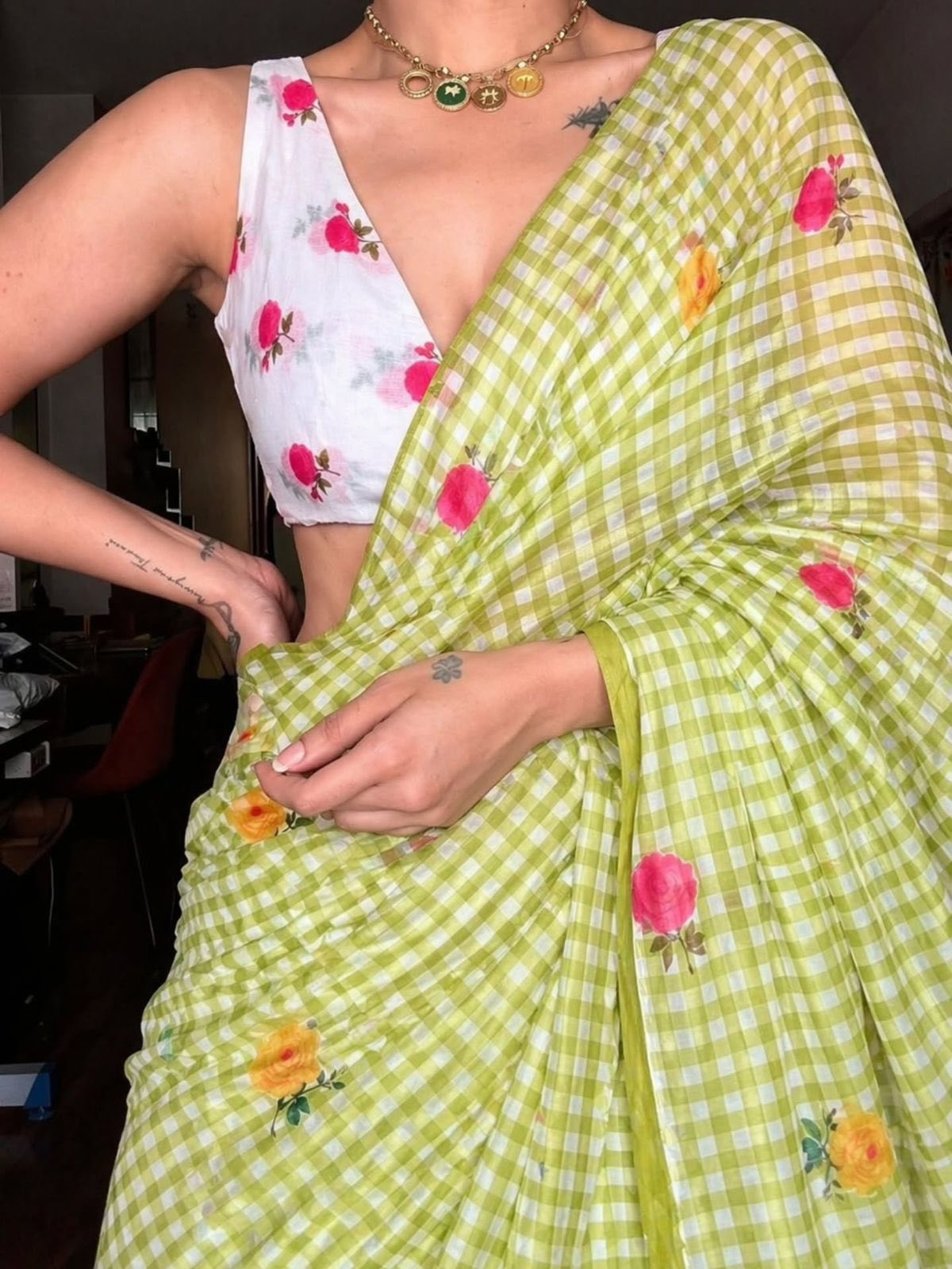 Green Checkered Saree with Floral Embroidery and Blouse