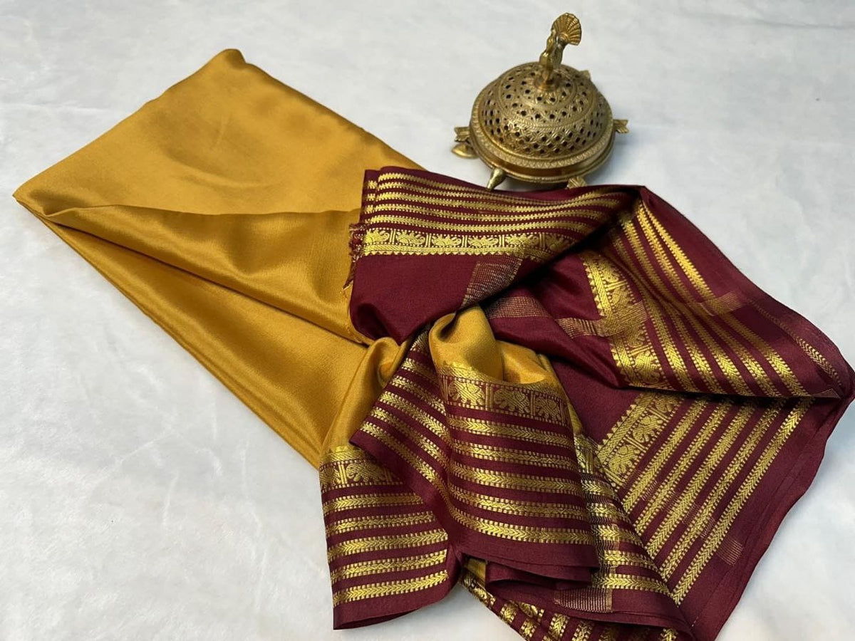 Mustard Gold Saree with Maroon Zari Border