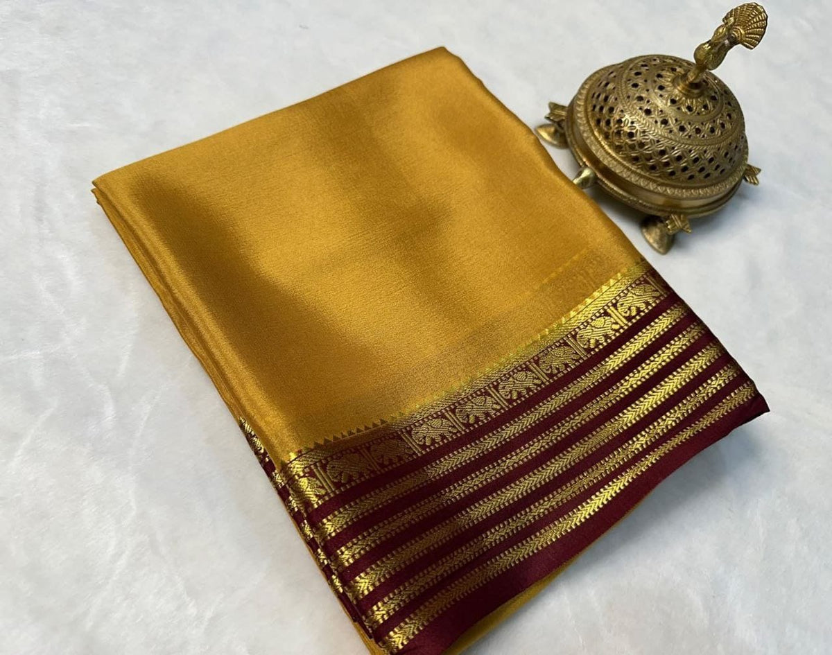 Mustard Gold Saree with Maroon Zari Border