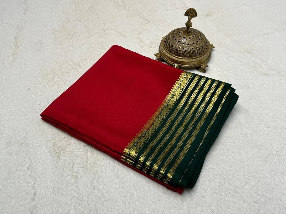 Classic Red Saree with Green Zari Border