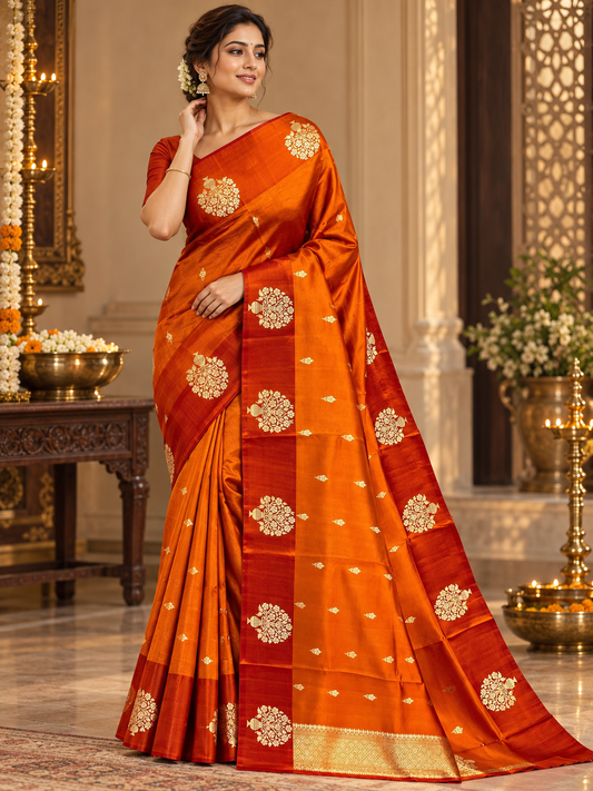 Burnt Orange Silk Saree with Gold Zari Wedding Work