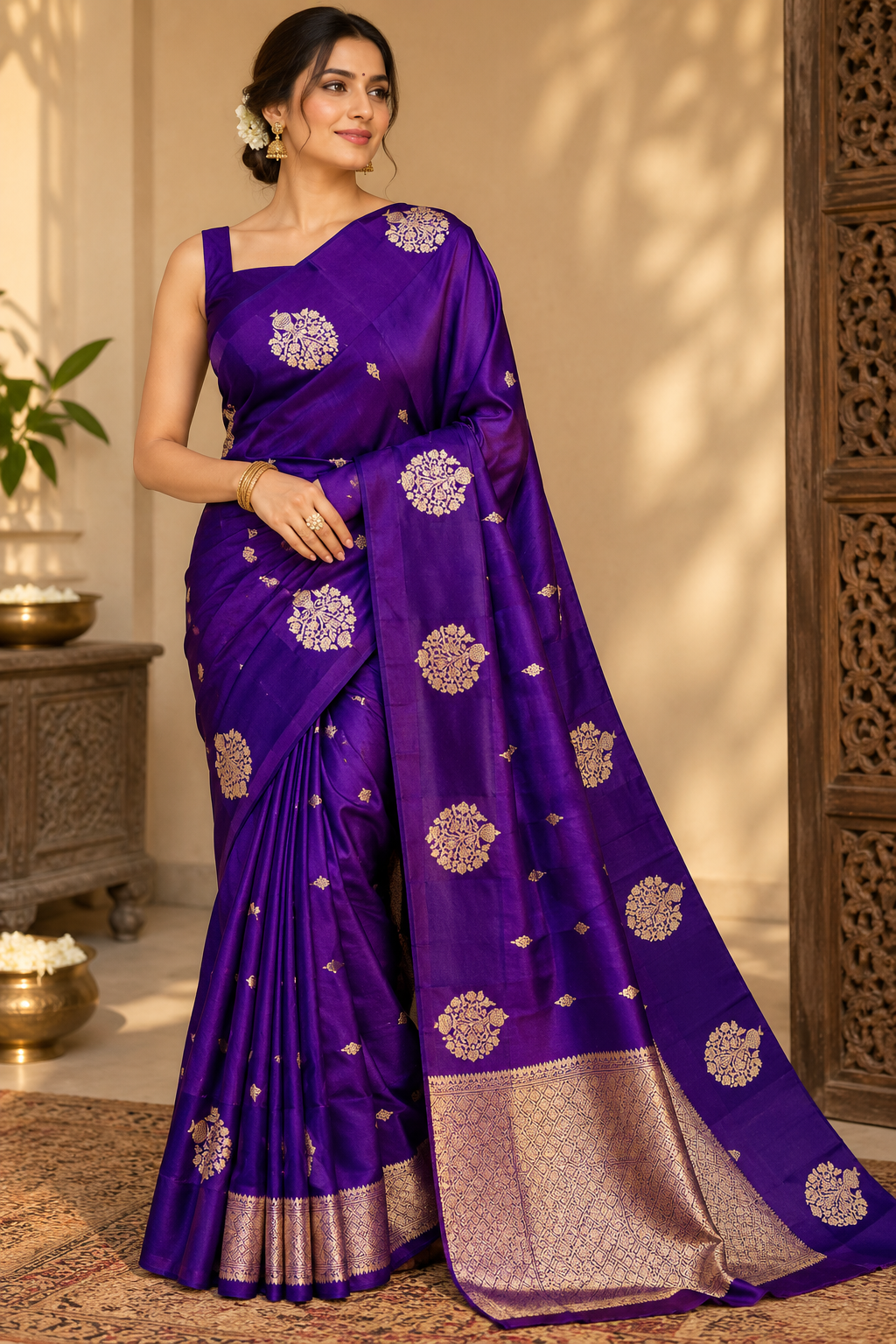 Dark Purple Silk Saree with Gold Zari Wedding Work