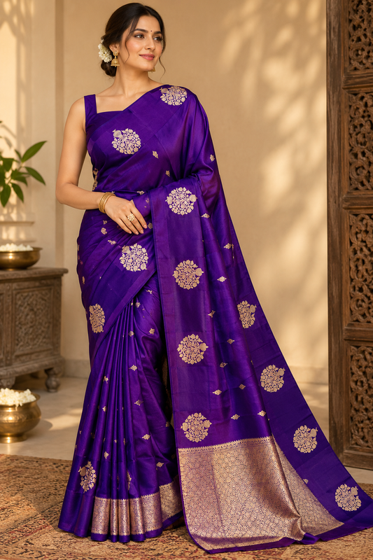 Dark Purple Silk Saree with Gold Zari Wedding Work