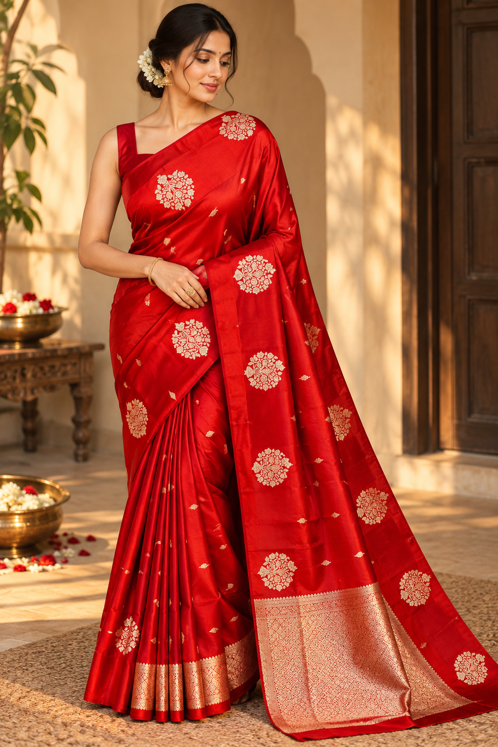 Vermillion Red Silk Saree with Gold Zari Wedding Work