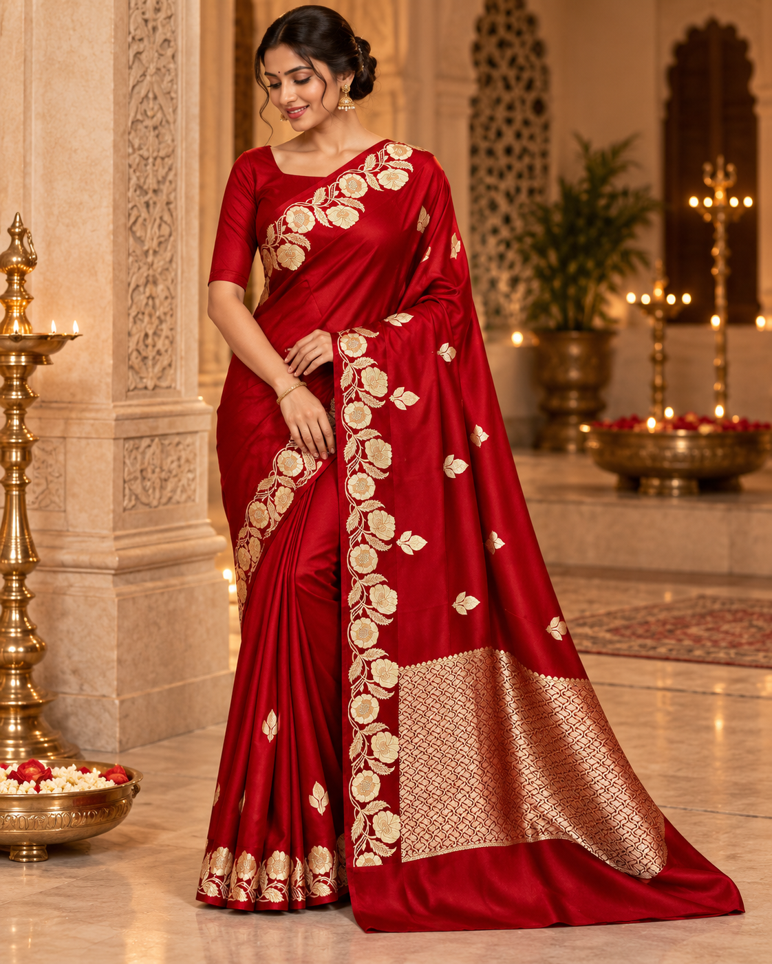 Crimson Red Silk Saree with Gold Zari Border