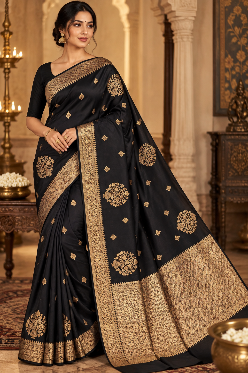 Black Silk Saree with Gold Zari Woven Work