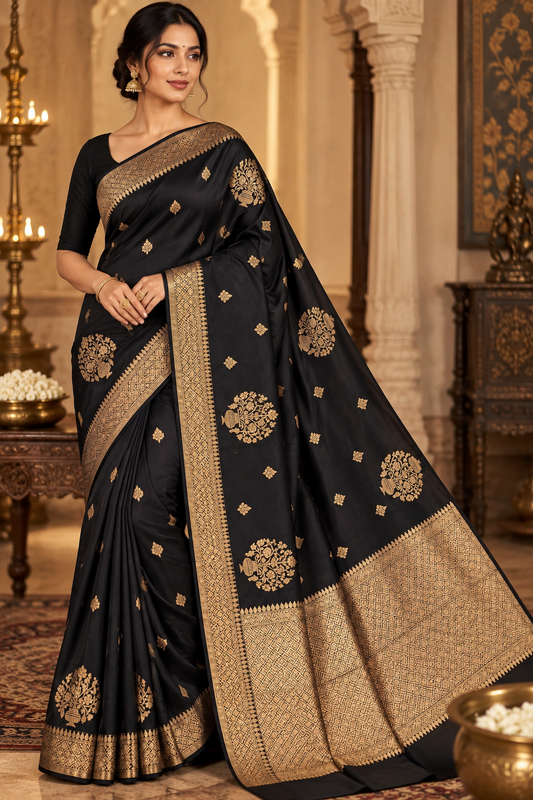Black Silk Saree with Gold Zari Woven Work
