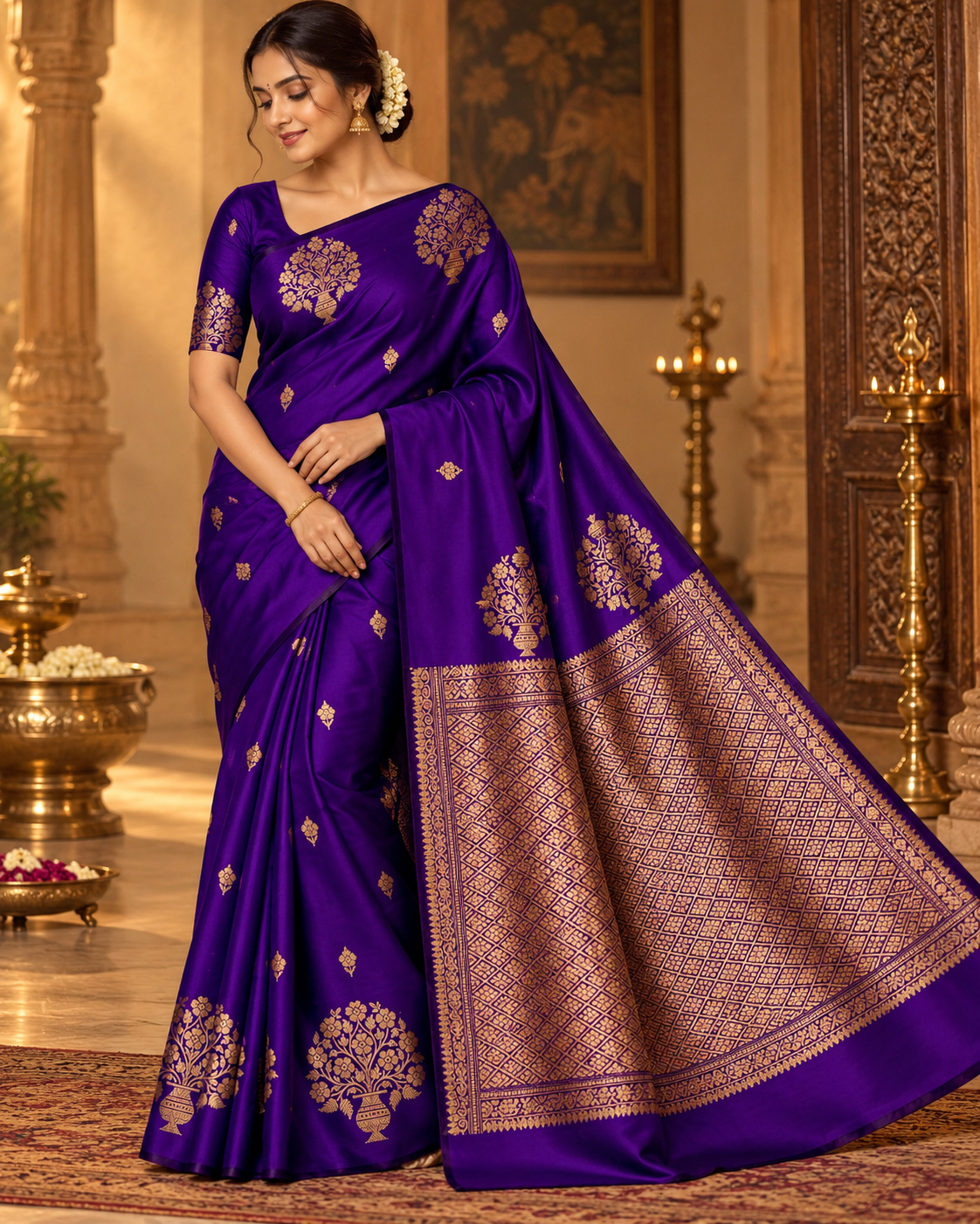 Purple Silk Saree with Gold Zari Woven Work