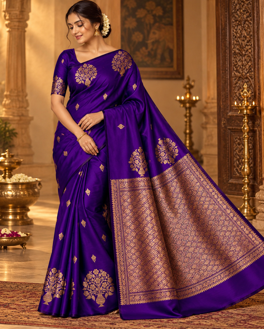 Purple Silk Saree with Gold Zari Woven Work