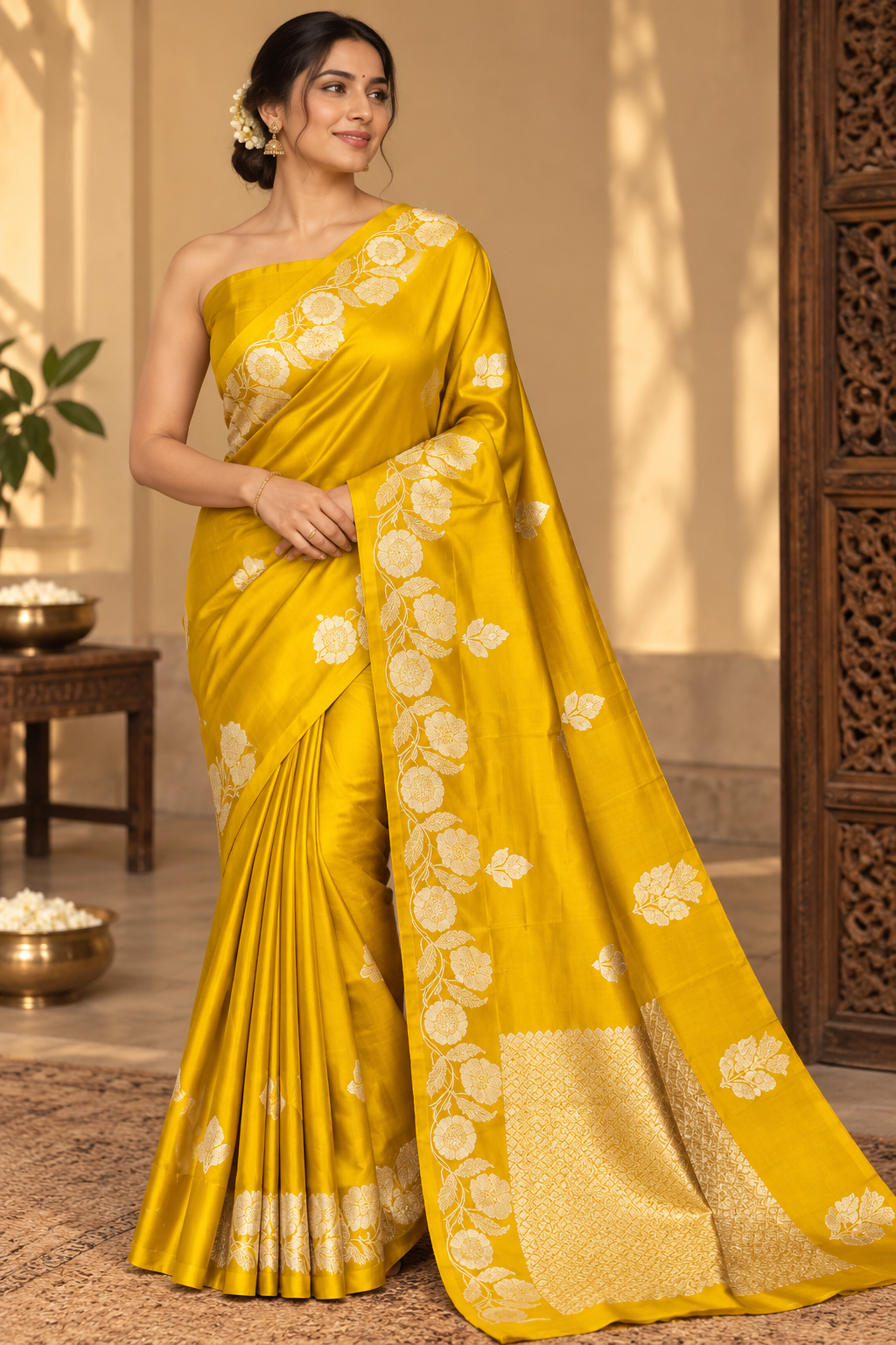 Mustard Yellow Silk Saree with Gold Zari Border