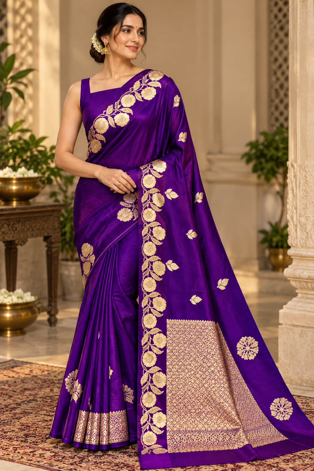 Dark Purple Silk Saree with Gold Zari Border